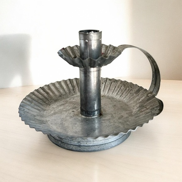 Vintage Primitive Galvanized Tin Chamberstick Candle Holder and Tapered Candle - Picture 3 of 4
